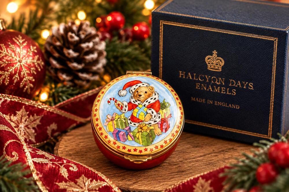 Halcyon Days Santa Bear Christmas Enamel Trinket Box, 1990s, Original Box
